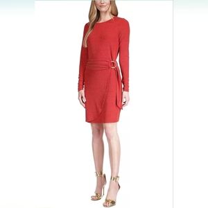NWT Michael Kors Women's Metallic Faux-Wrap T-Shirt Dress in Crimson Small